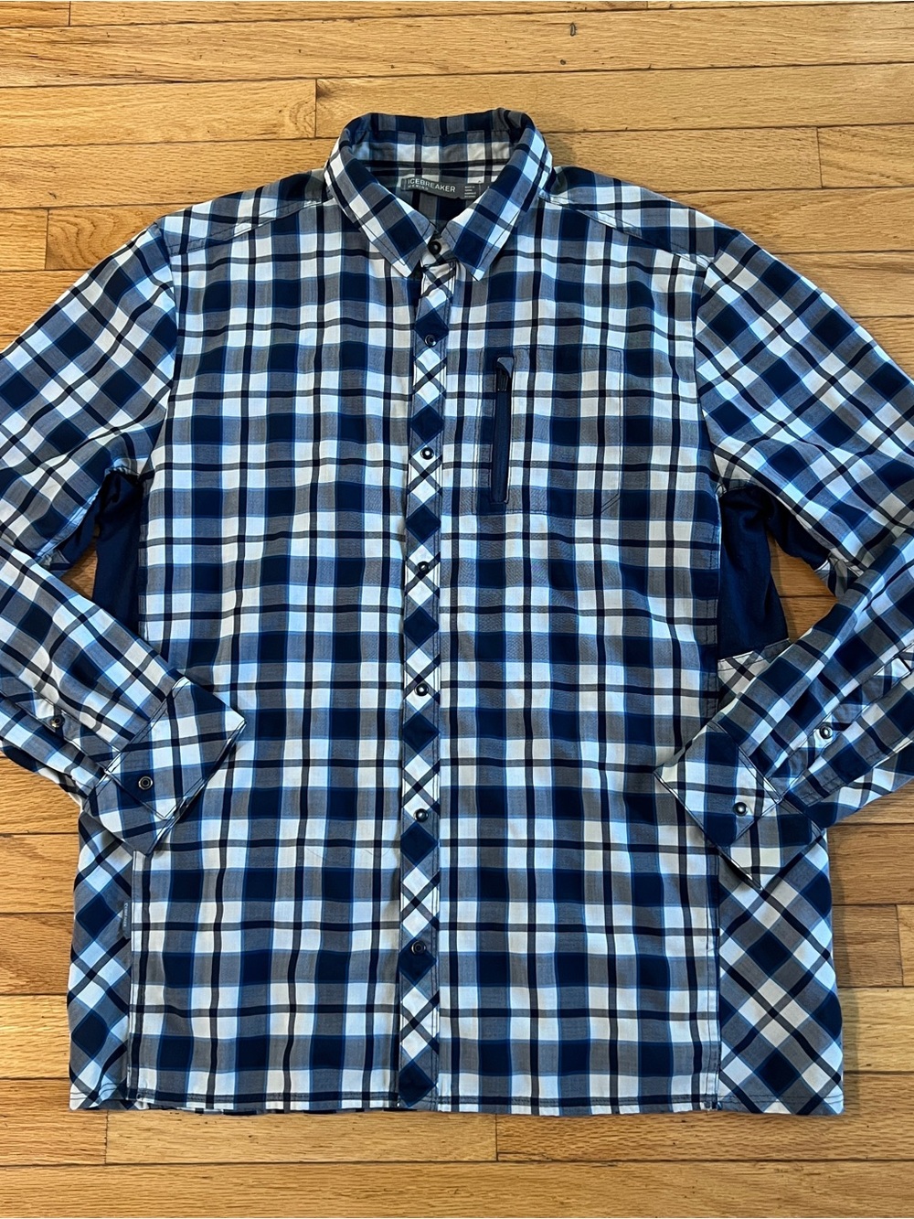Icebreaker Merino Shirt Large Mens Long Sleeve Snap Button Up Wool Plaid Blue